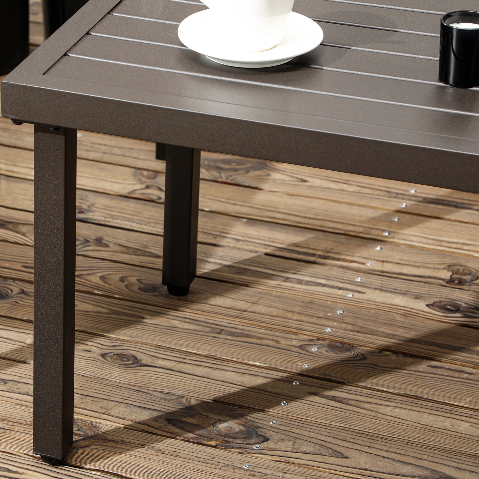 Coffee Table, Garden Table with Wood Look, Rectangular Coffee Table, Garden Table for Balcony, Terrace, Steel, Brown, 91 x 51 x 46 cm