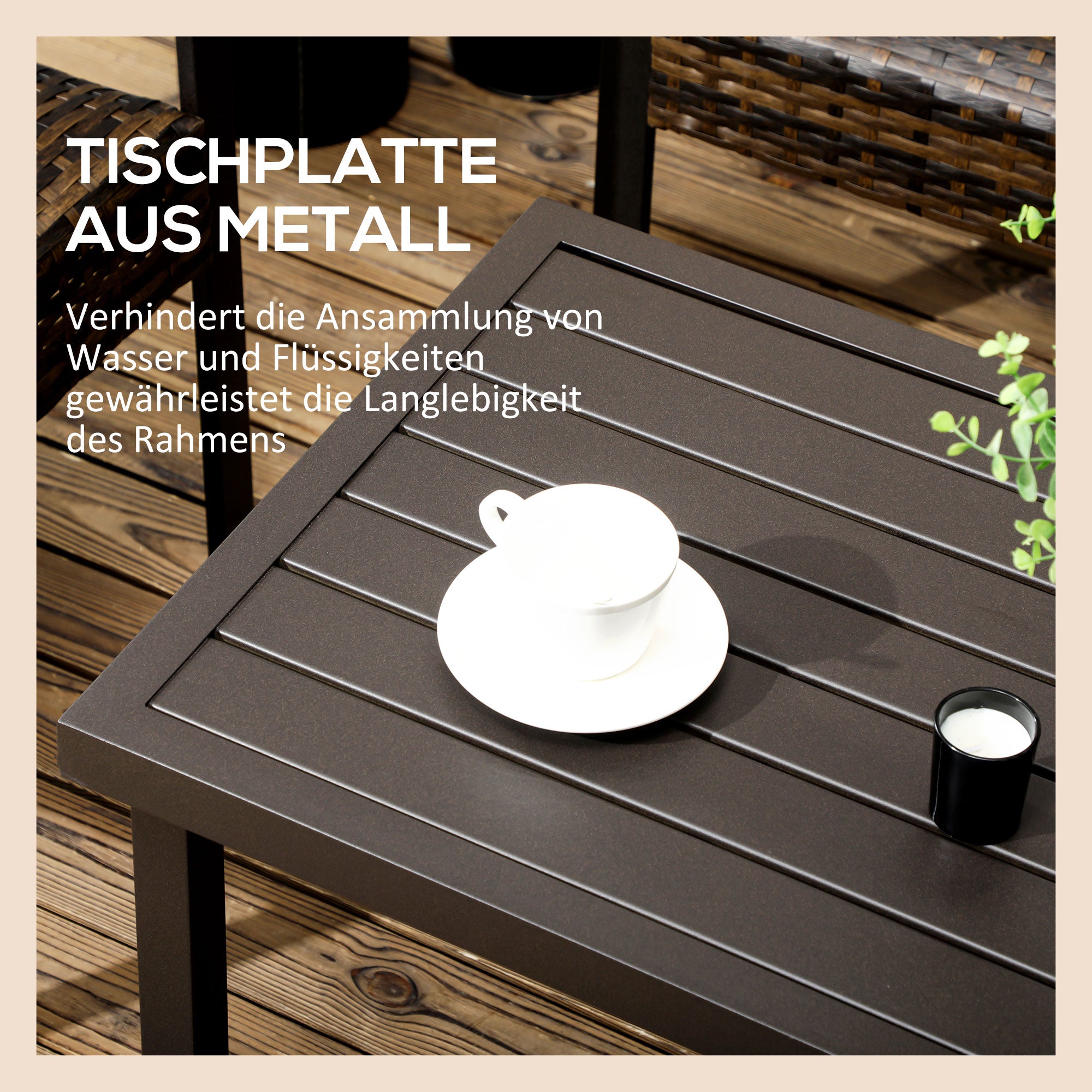 Coffee Table, Garden Table with Wood Look, Rectangular Coffee Table, Garden Table for Balcony, Terrace, Steel, Brown, 91 x 51 x 46 cm