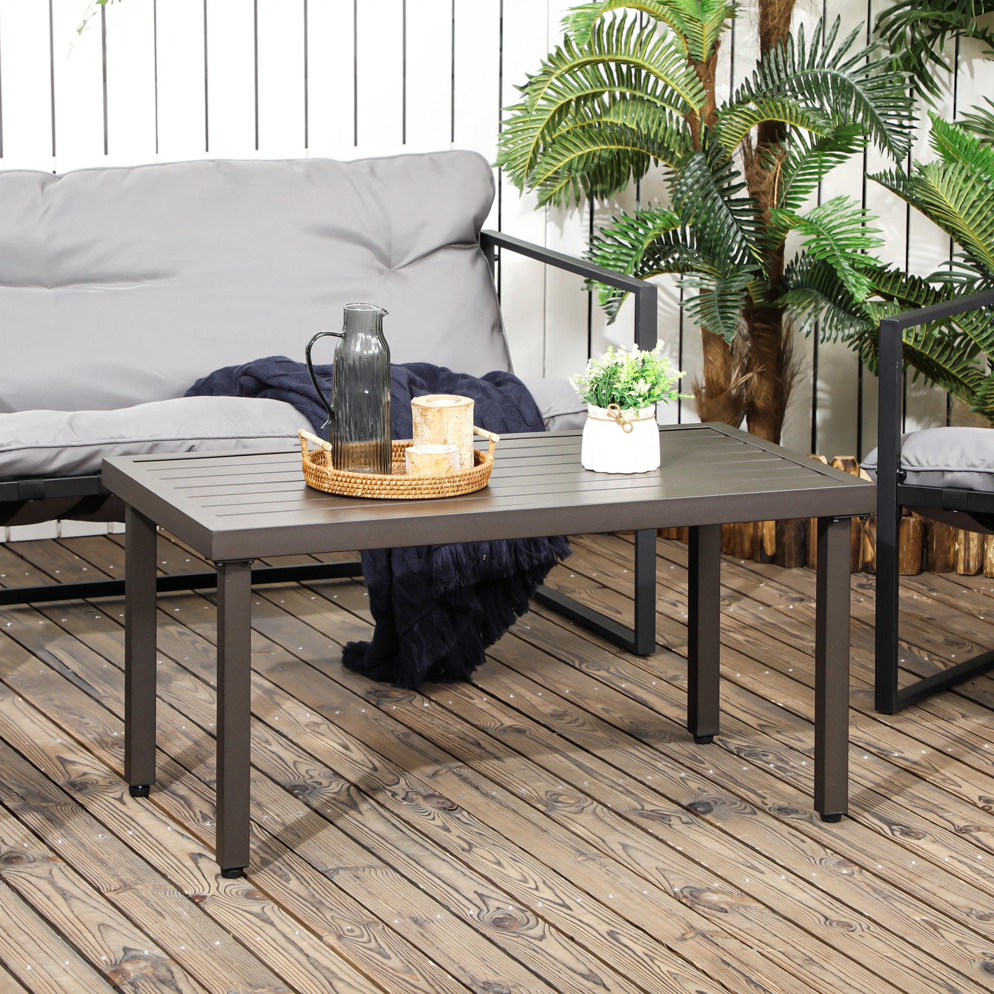 Coffee Table, Garden Table with Wood Look, Rectangular Coffee Table, Garden Table for Balcony, Terrace, Steel, Brown, 91 x 51 x 46 cm