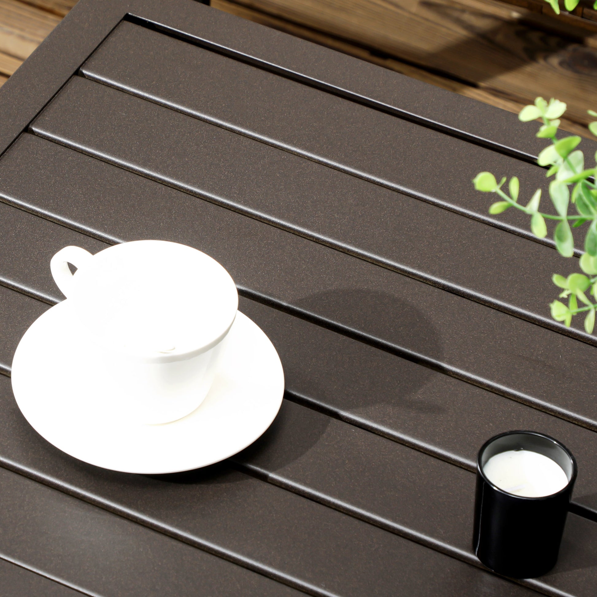 Coffee Table, Garden Table with Wood Look, Rectangular Coffee Table, Garden Table for Balcony, Terrace, Steel, Brown, 91 x 51 x 46 cm