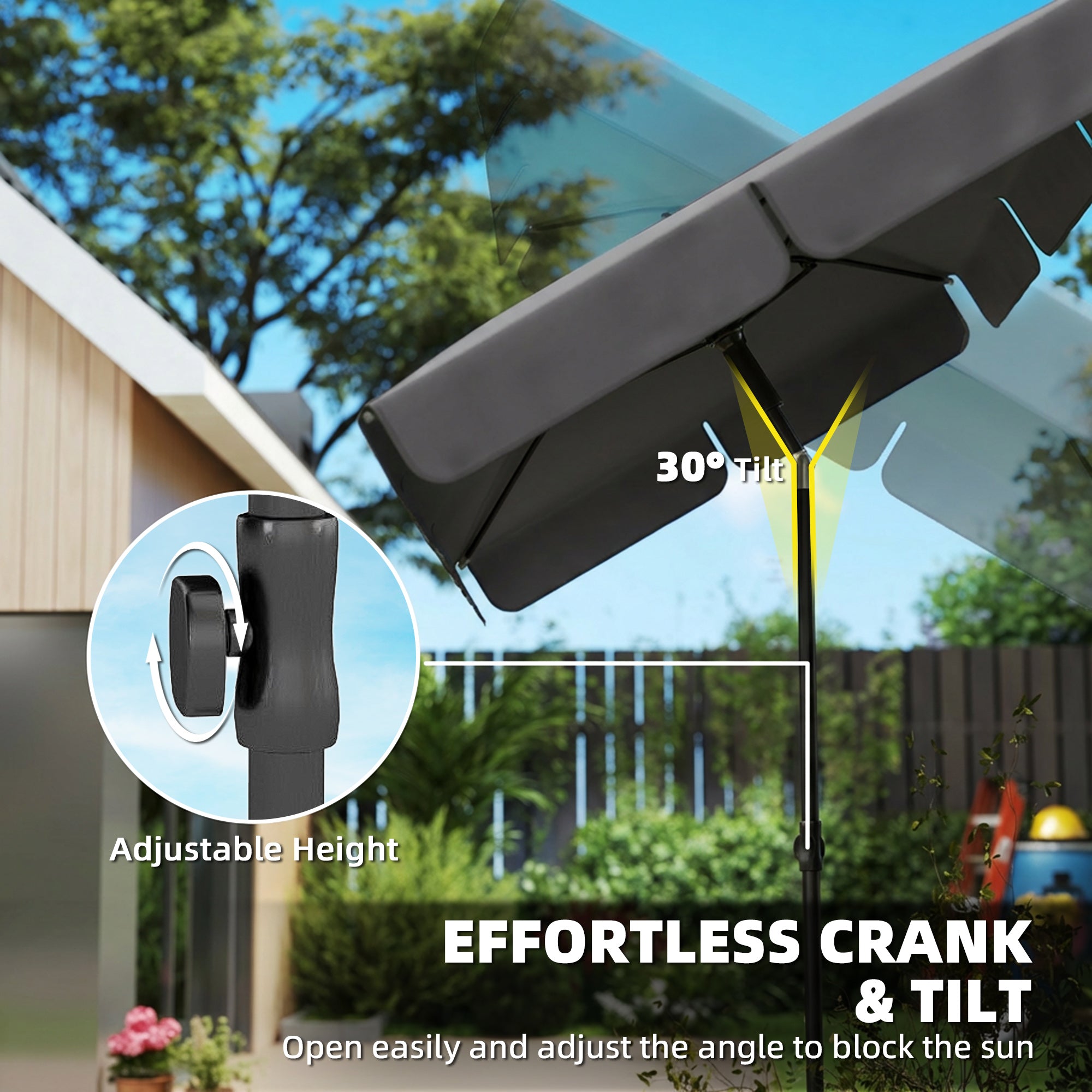 Rectangular Parasol 72 x 48 in (183 x 122 cm) – 3-Tilt Crank Umbrella with 8 Ribs for Beach, Balcony & Garden, Dark Gray