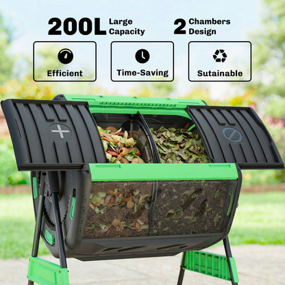 200 L (≈53 US gal) Compost Tumbler, 94 x 67 x 98 cm (37 x 26.4 x 38.6 in) – Fast Compost Bin with Ventilation Holes & Sliding Door, Weather-Resistant Plastic