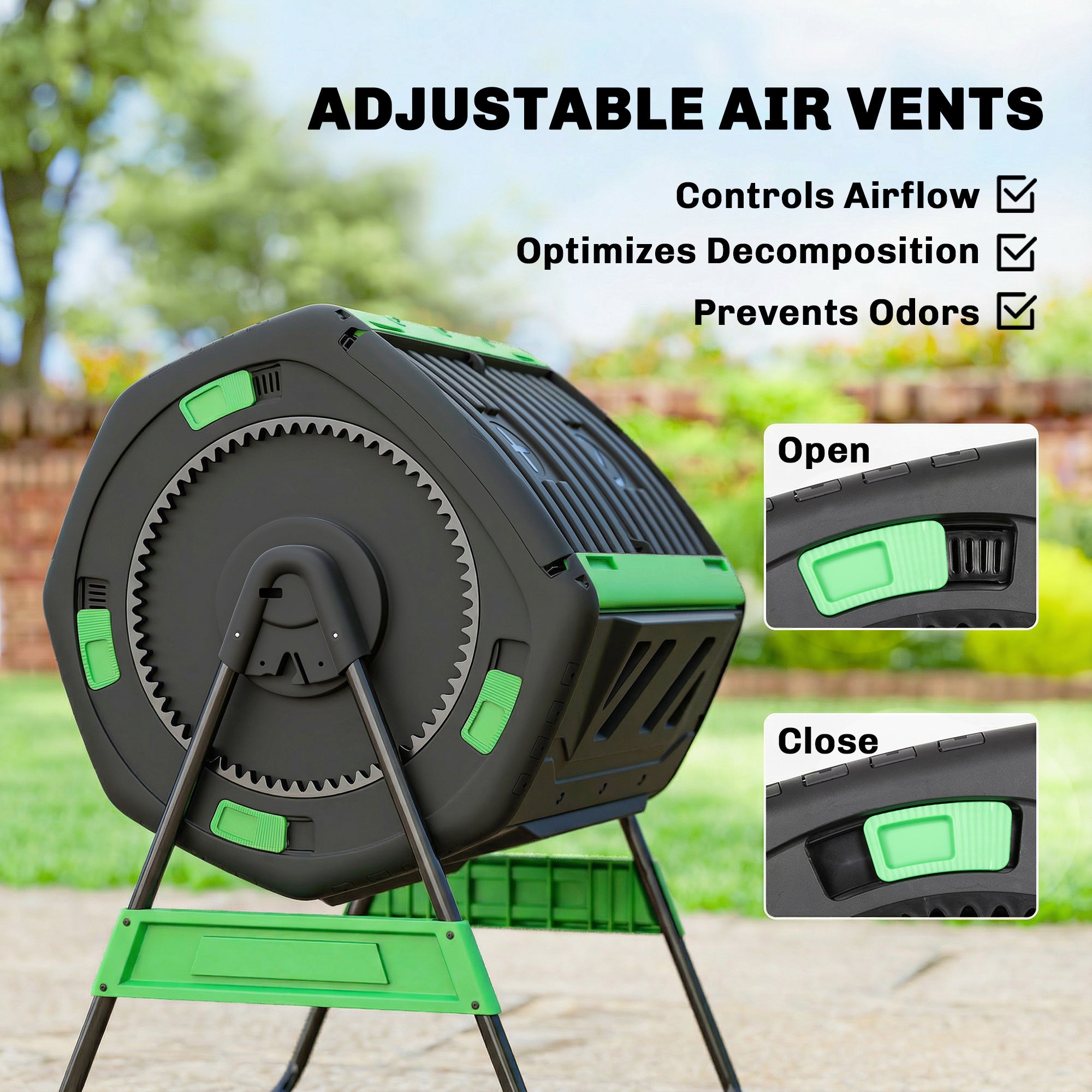 200 L (≈53 US gal) Compost Tumbler, 94 x 67 x 98 cm (37 x 26.4 x 38.6 in) – Fast Compost Bin with Ventilation Holes & Sliding Door, Weather-Resistant Plastic