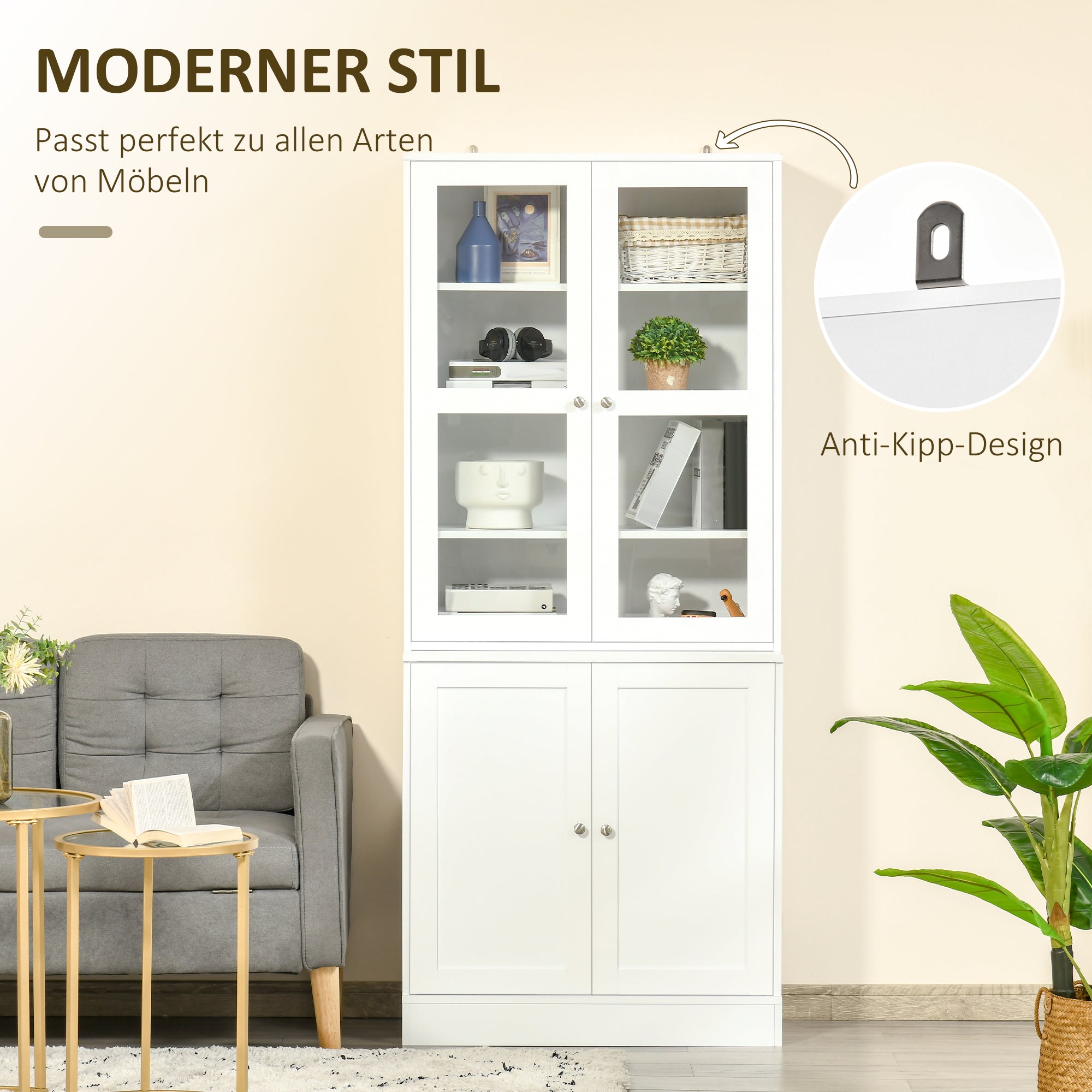 Bookcase 178.5 cm High Cabinet Display Cabinet with Glass Door 6 Shelves Kitchen Cabinet for Living Room Kitchen White