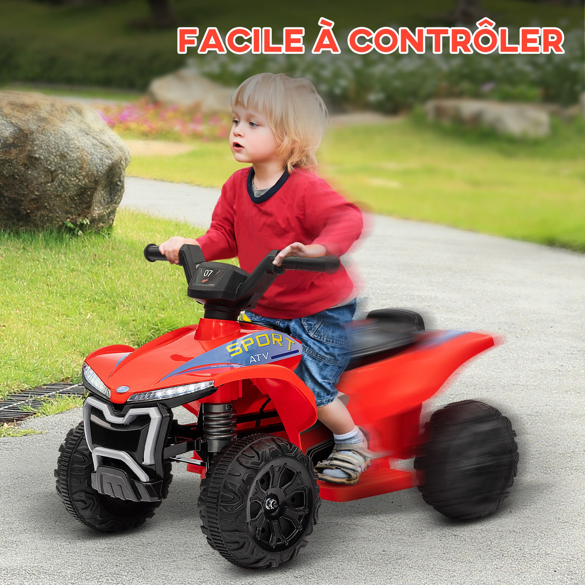 6V Children's Electric Quad, Kids Electric Car, 2.5 km/h Speed, with Headlights, Forward and Reverse, Music Function, for Children 18-36 Months, Red
