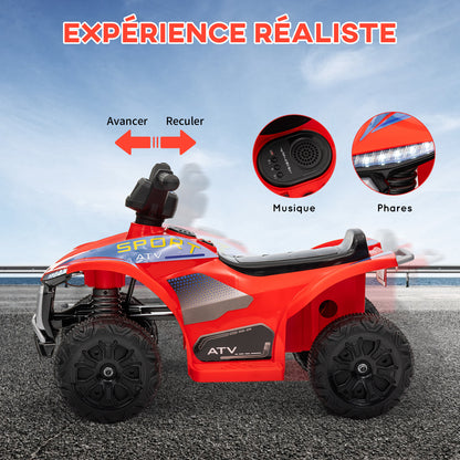 6V Children's Electric Quad, Kids Electric Car, 2.5 km/h Speed, with Headlights, Forward and Reverse, Music Function, for Children 18-36 Months, Red