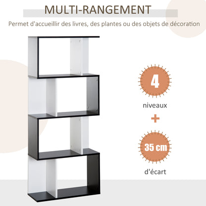 Contemporary Design S-shaped Bookshelf Storage Furniture 4 Shelves 60L x 24W x 148H cm Black White