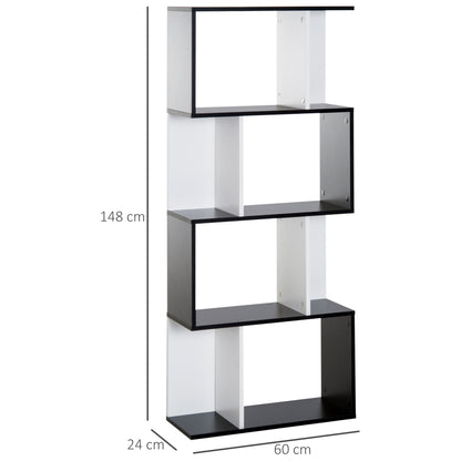 Contemporary Design S-shaped Bookshelf Storage Furniture 4 Shelves 60L x 24W x 148H cm Black White