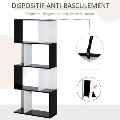 Contemporary Design S-shaped Bookshelf Storage Furniture 4 Shelves 60L x 24W x 148H cm Black White