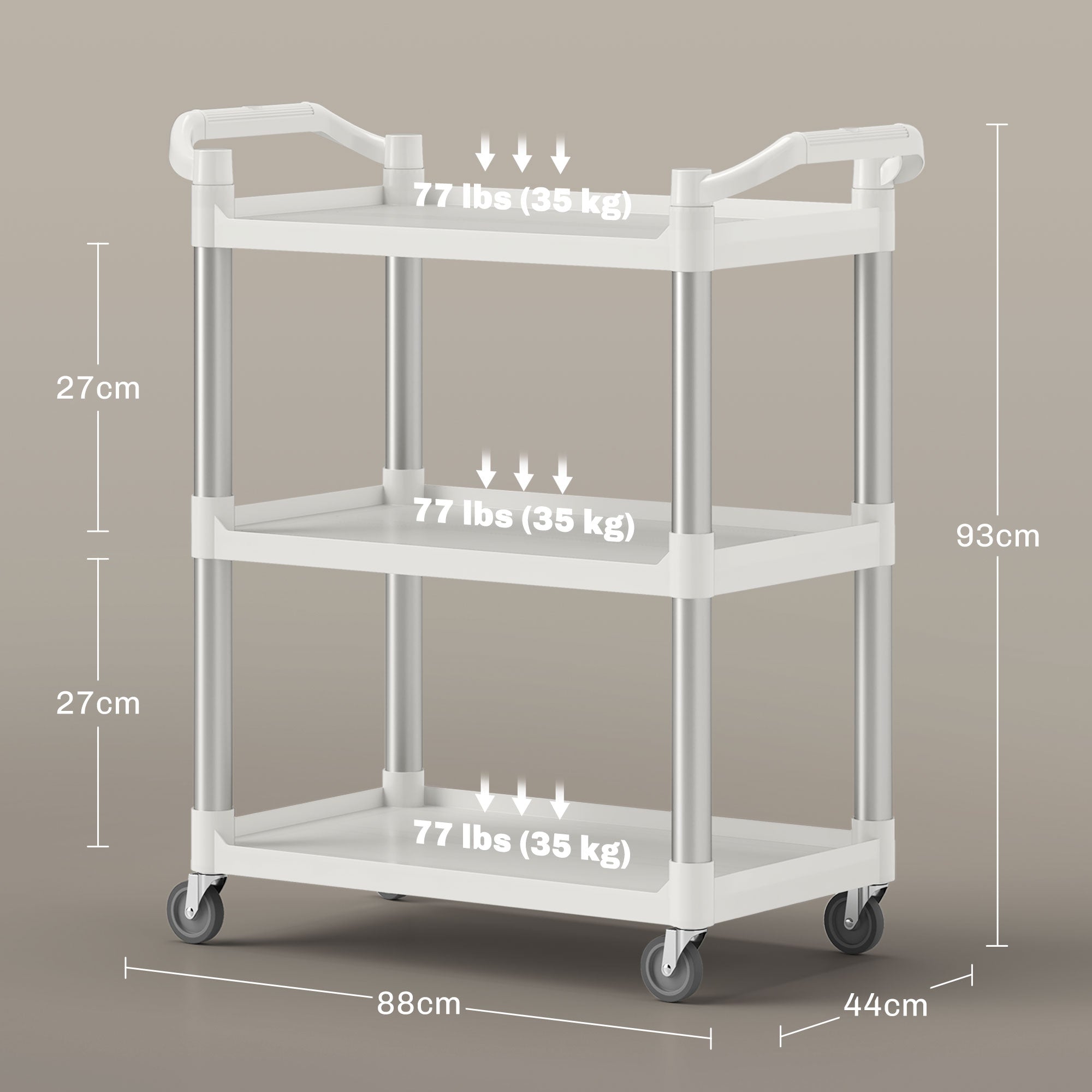 3-Tier Aluminum Alloy Wheeled Utility Cart Kitchen Storage Cart 105 kg Capacity for Dining Room Bathroom 88x44x93 cm White