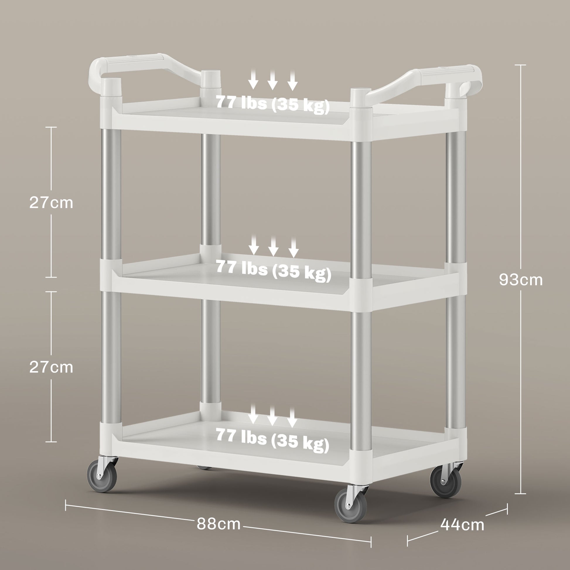 3-Tier Aluminum Alloy Wheeled Utility Cart Kitchen Storage Cart 105 kg Capacity for Dining Room Bathroom 88x44x93 cm White