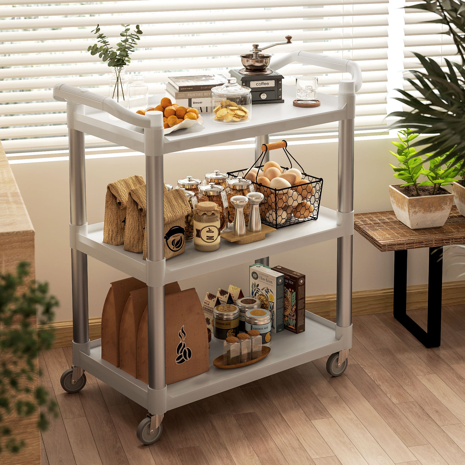3-Tier Aluminum Alloy Wheeled Utility Cart Kitchen Storage Cart 105 kg Capacity for Dining Room Bathroom 88x44x93 cm White
