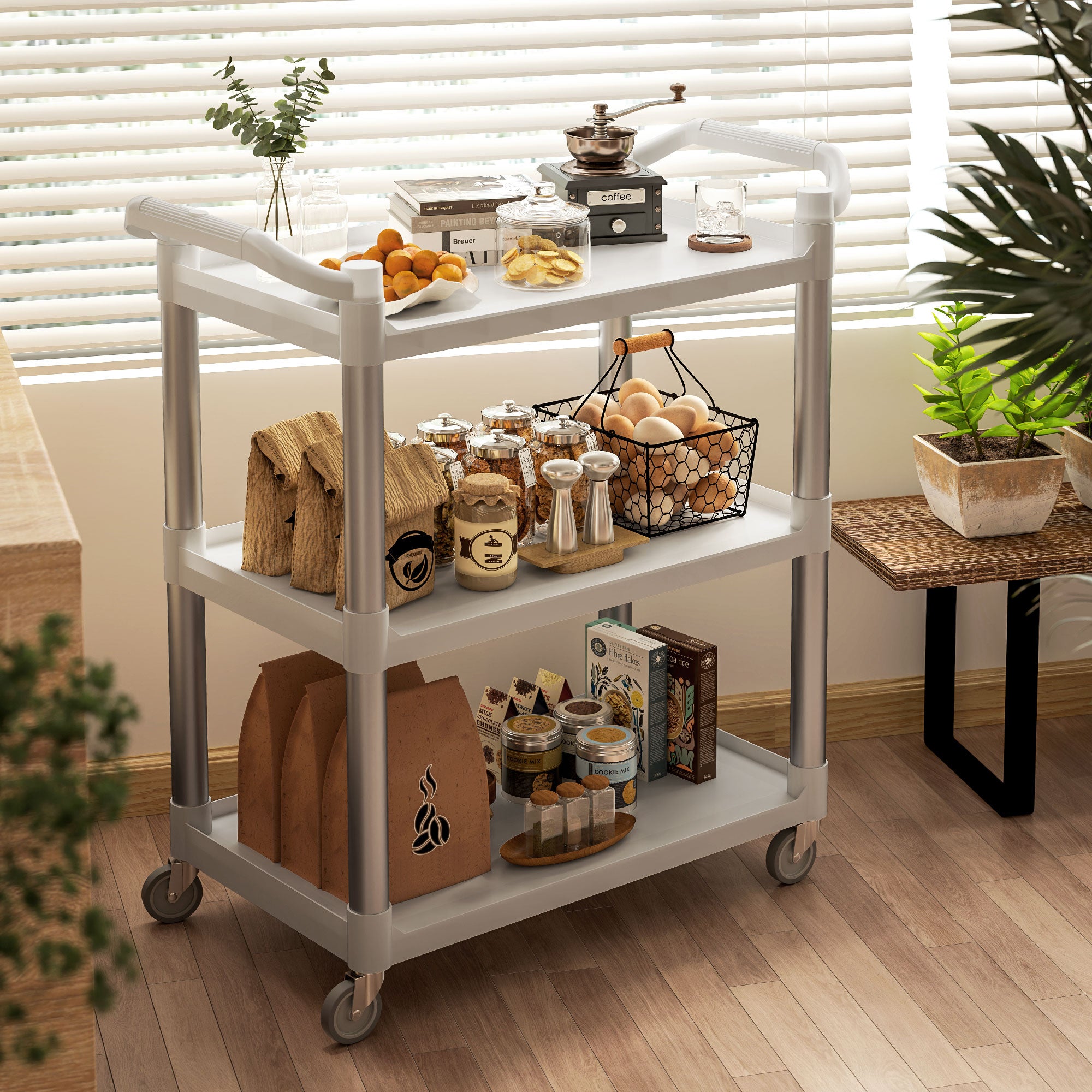 3-Tier Aluminum Alloy Wheeled Utility Cart Kitchen Storage Cart 105 kg Capacity for Dining Room Bathroom 88x44x93 cm White
