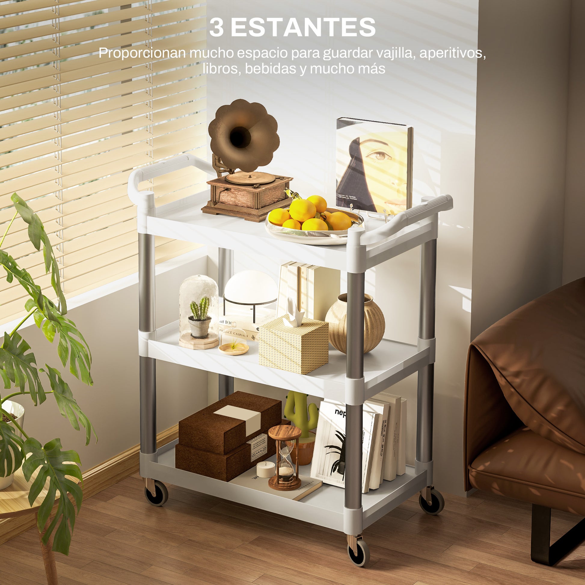 3-Tier Aluminum Alloy Wheeled Utility Cart Kitchen Storage Cart 105 kg Capacity for Dining Room Bathroom 88x44x93 cm White