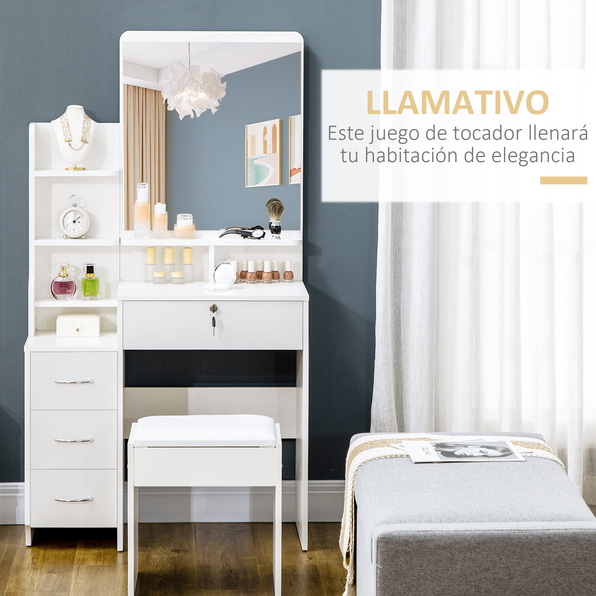 Makeup Vanity Table with Stool and Mirror, Makeup Desk with 4 Drawers, 4 Storage Compartments, Modern Style, 80x38x143 cm White