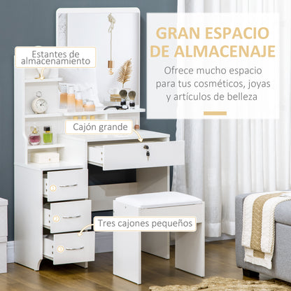 Makeup Vanity Table with Stool and Mirror, Makeup Desk with 4 Drawers, 4 Storage Compartments, Modern Style, 80x38x143 cm White