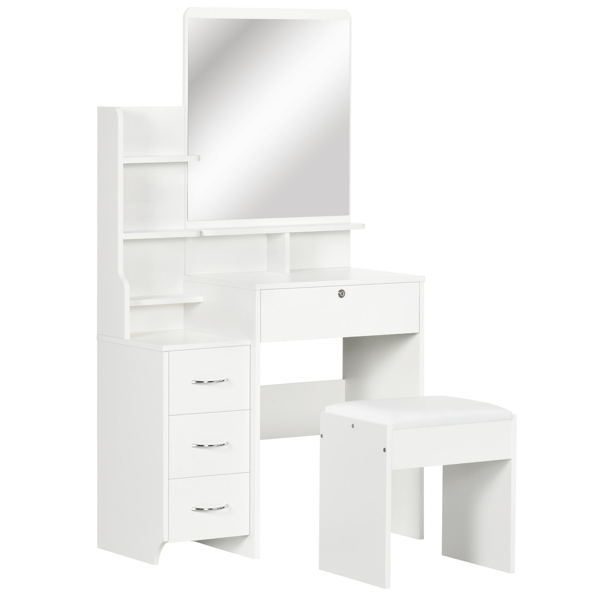 Makeup Vanity Table with Stool and Mirror, Makeup Desk with 4 Drawers, 4 Storage Compartments, Modern Style, 80x38x143 cm White