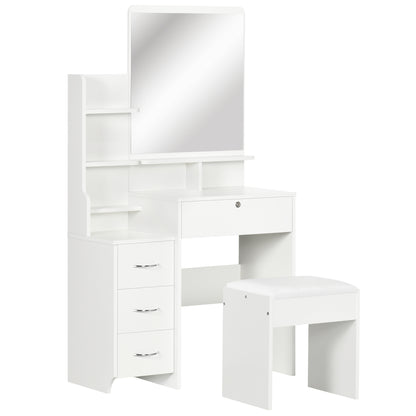 Makeup Vanity Table with Stool and Mirror, Makeup Desk with 4 Drawers, 4 Storage Compartments, Modern Style, 80x38x143 cm White