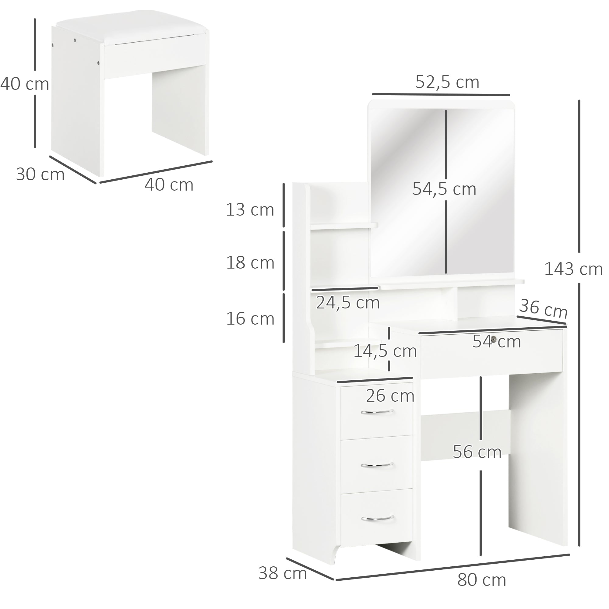 Makeup Vanity Table with Stool and Mirror, Makeup Desk with 4 Drawers, 4 Storage Compartments, Modern Style, 80x38x143 cm White