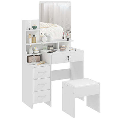 Makeup Vanity Table with Stool and Mirror, Makeup Desk with 4 Drawers, 4 Storage Compartments, Modern Style, 80x38x143 cm White