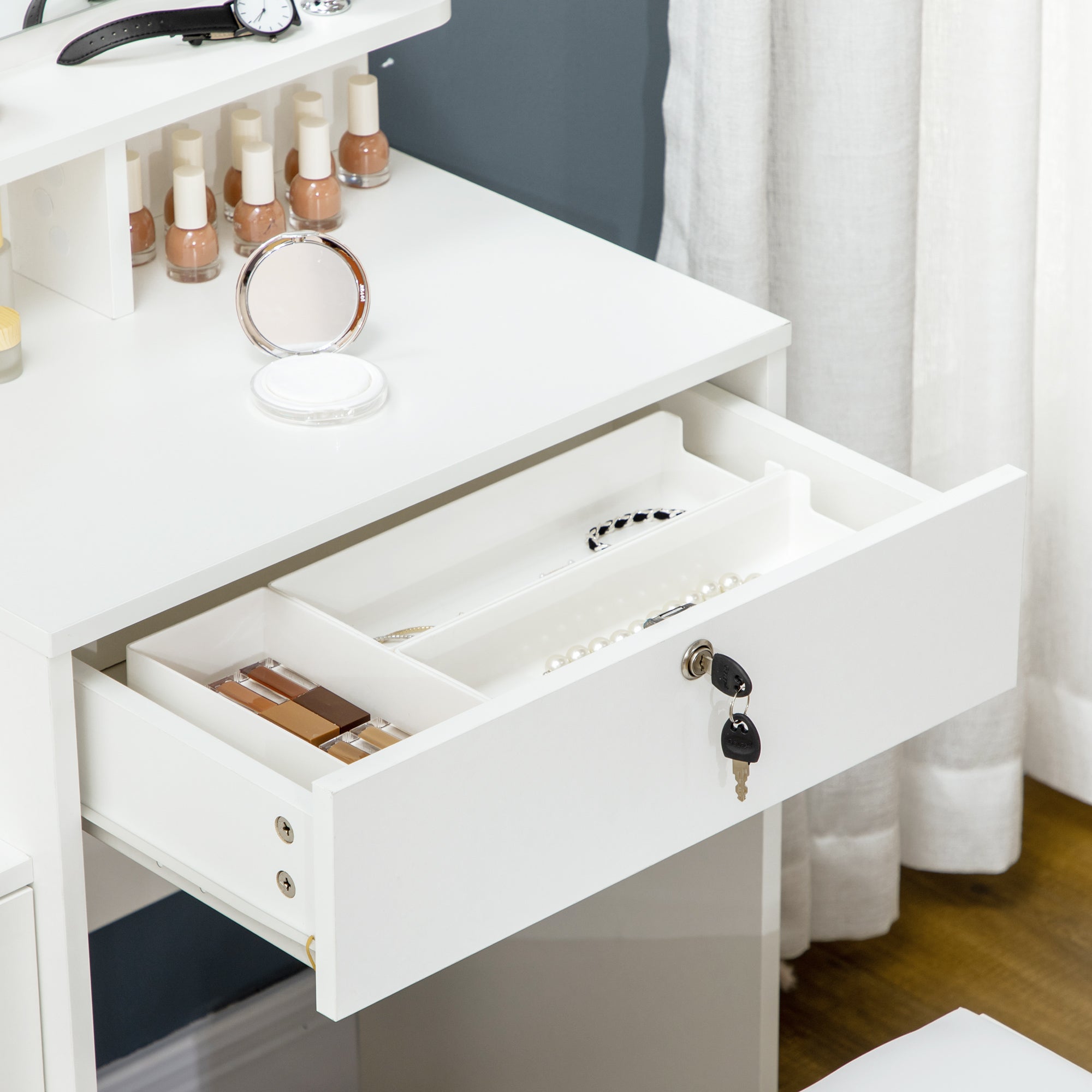 Makeup Vanity Table with Stool and Mirror, Makeup Desk with 4 Drawers, 4 Storage Compartments, Modern Style, 80x38x143 cm White