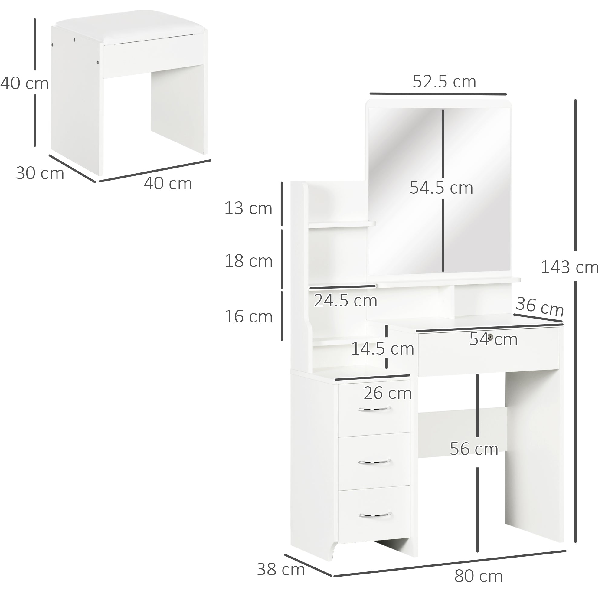 Makeup Vanity Table with Stool and Mirror, Makeup Desk with 4 Drawers, 4 Storage Compartments, Modern Style, 80x38x143 cm White