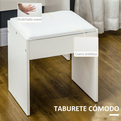 Makeup Vanity Table with Stool and Mirror, Makeup Desk with 4 Drawers, 4 Storage Compartments, Modern Style, 80x38x143 cm White