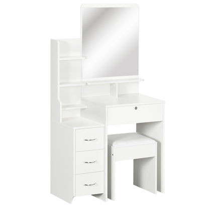 Makeup Vanity Table with Stool and Mirror, Makeup Desk with 4 Drawers, 4 Storage Compartments, Modern Style, 80x38x143 cm White