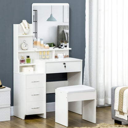 Makeup Vanity Table with Stool and Mirror, Makeup Desk with 4 Drawers, 4 Storage Compartments, Modern Style, 80x38x143 cm White
