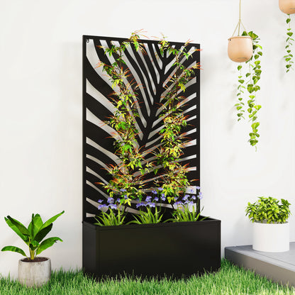 Elevated Balcony Planter with Leaf Trellis – Metal Window Box 61 x 23 x 113 cm (Black)