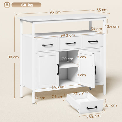 Kitchen Sideboard, Storage Cabinet with 3 Doors, 3 Drawers, Open Compartment & Adjustable Shelves, Modern Style for Living Room & Bedroom, 95 x 35 x 88 cm (37.4 x 13.8 x 34.6 in), White