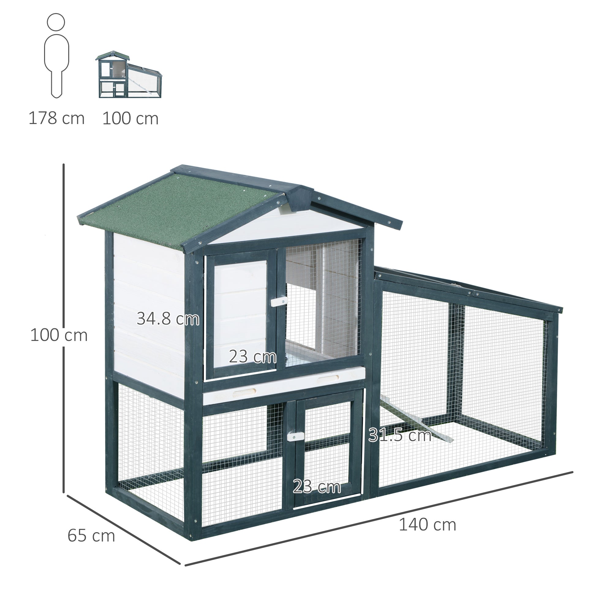 Rabbit and Small Animal Cage in Wood 2 Floors of Spruce Double Door 140x65x100cm Green and White