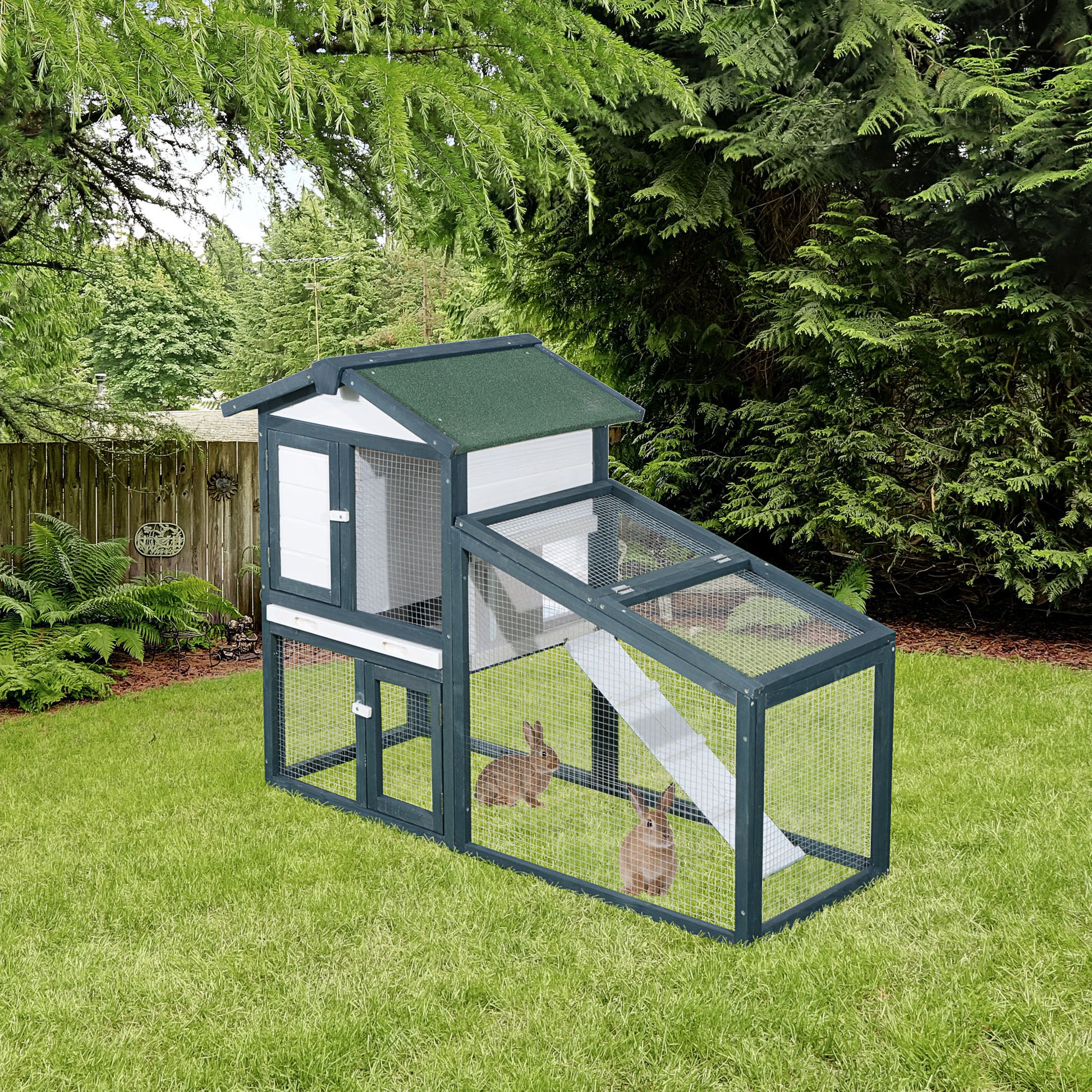 Rabbit and Small Animal Cage in Wood 2 Floors of Spruce Double Door 140x65x100cm Green and White