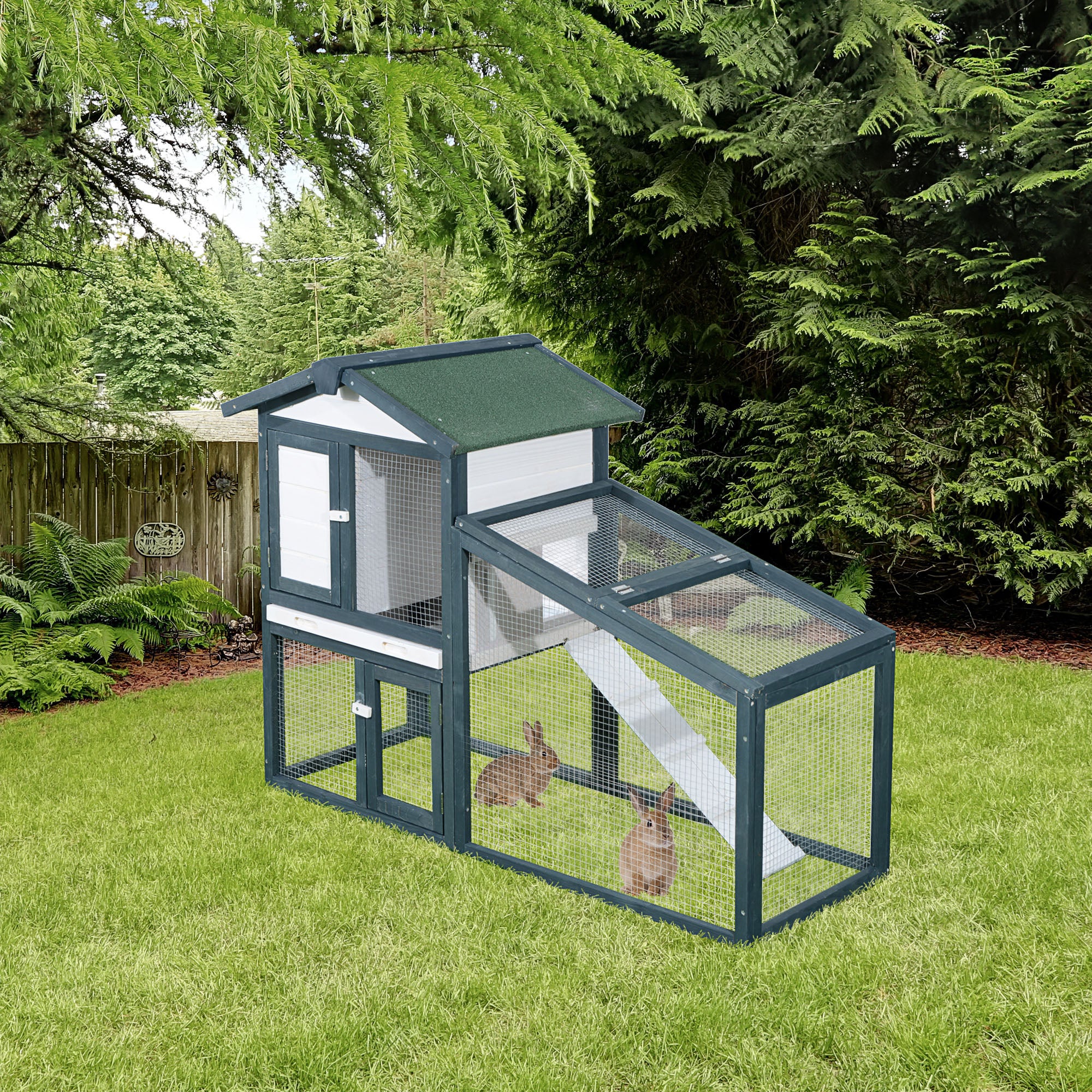 Rabbit and Small Animal Cage in Wood 2 Floors of Spruce Double Door 140x65x100cm Green and White