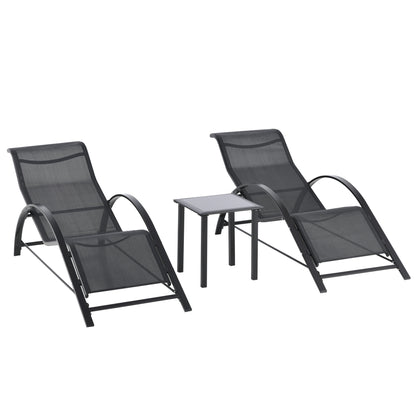 Garden Lounger Set Metal Mesh 3-Piece Sun Lounger with Tea Table Garden Furniture Set with 2 Sun Loungers, 1 Side Table Outdoor Seating Group for Garden, Balcony 59W x 169D x 66H cm Black