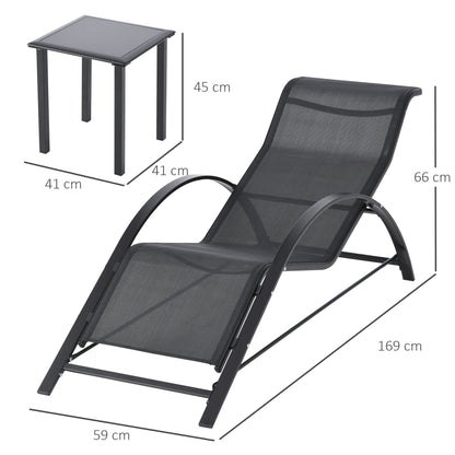 Garden Lounger Set Metal Mesh 3-Piece Sun Lounger with Tea Table Garden Furniture Set with 2 Sun Loungers, 1 Side Table Outdoor Seating Group for Garden, Balcony 59W x 169D x 66H cm Black