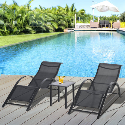 Garden Lounger Set Metal Mesh 3-Piece Sun Lounger with Tea Table Garden Furniture Set with 2 Sun Loungers, 1 Side Table Outdoor Seating Group for Garden, Balcony 59W x 169D x 66H cm Black