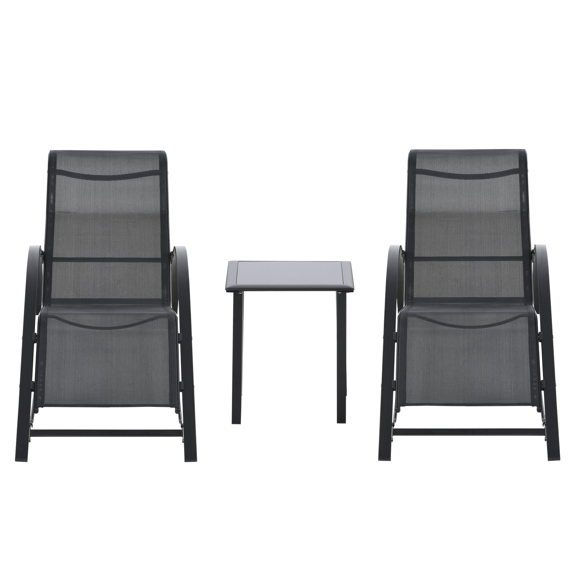 Garden Lounger Set Metal Mesh 3-Piece Sun Lounger with Tea Table Garden Furniture Set with 2 Sun Loungers, 1 Side Table Outdoor Seating Group for Garden, Balcony 59W x 169D x 66H cm Black