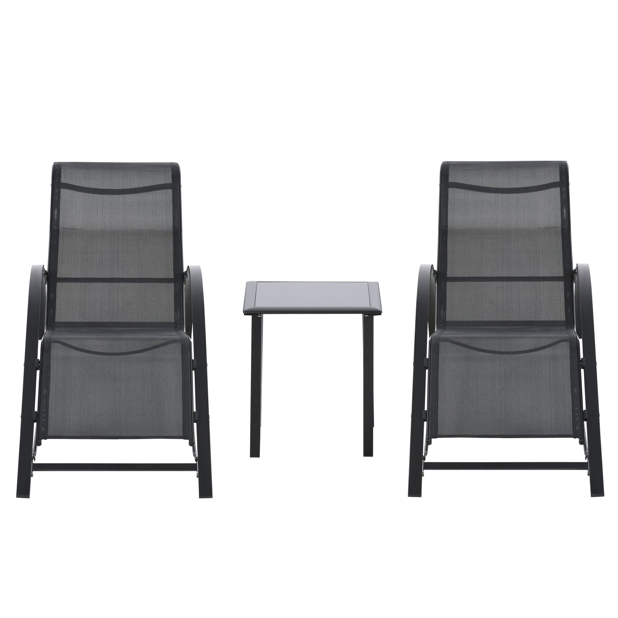 Garden Lounger Set Metal Mesh 3-Piece Sun Lounger with Tea Table Garden Furniture Set with 2 Sun Loungers, 1 Side Table Outdoor Seating Group for Garden, Balcony 59W x 169D x 66H cm Black