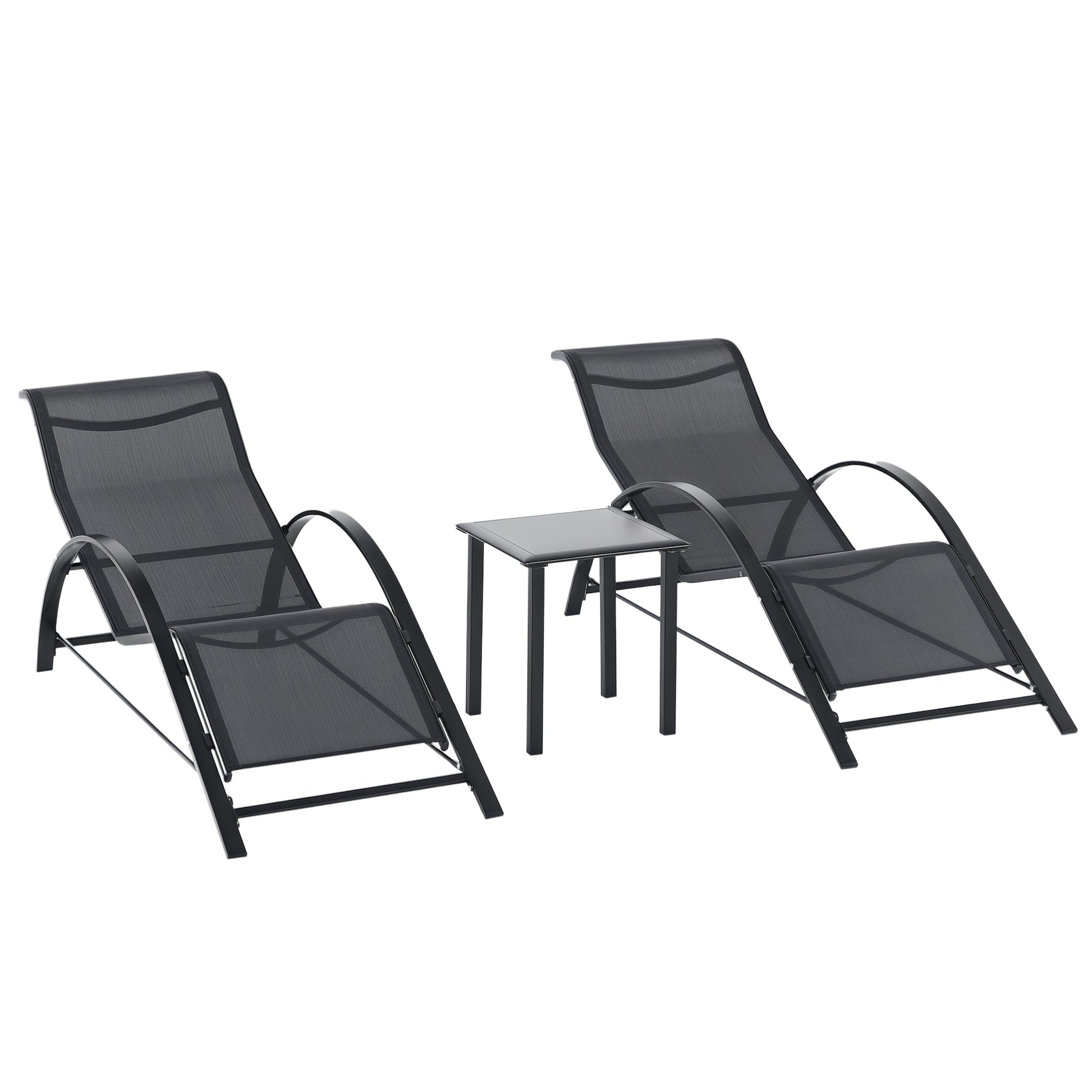 Garden Lounger Set Metal Mesh 3-Piece Sun Lounger with Tea Table Garden Furniture Set with 2 Sun Loungers, 1 Side Table Outdoor Seating Group for Garden, Balcony 59W x 169D x 66H cm Black
