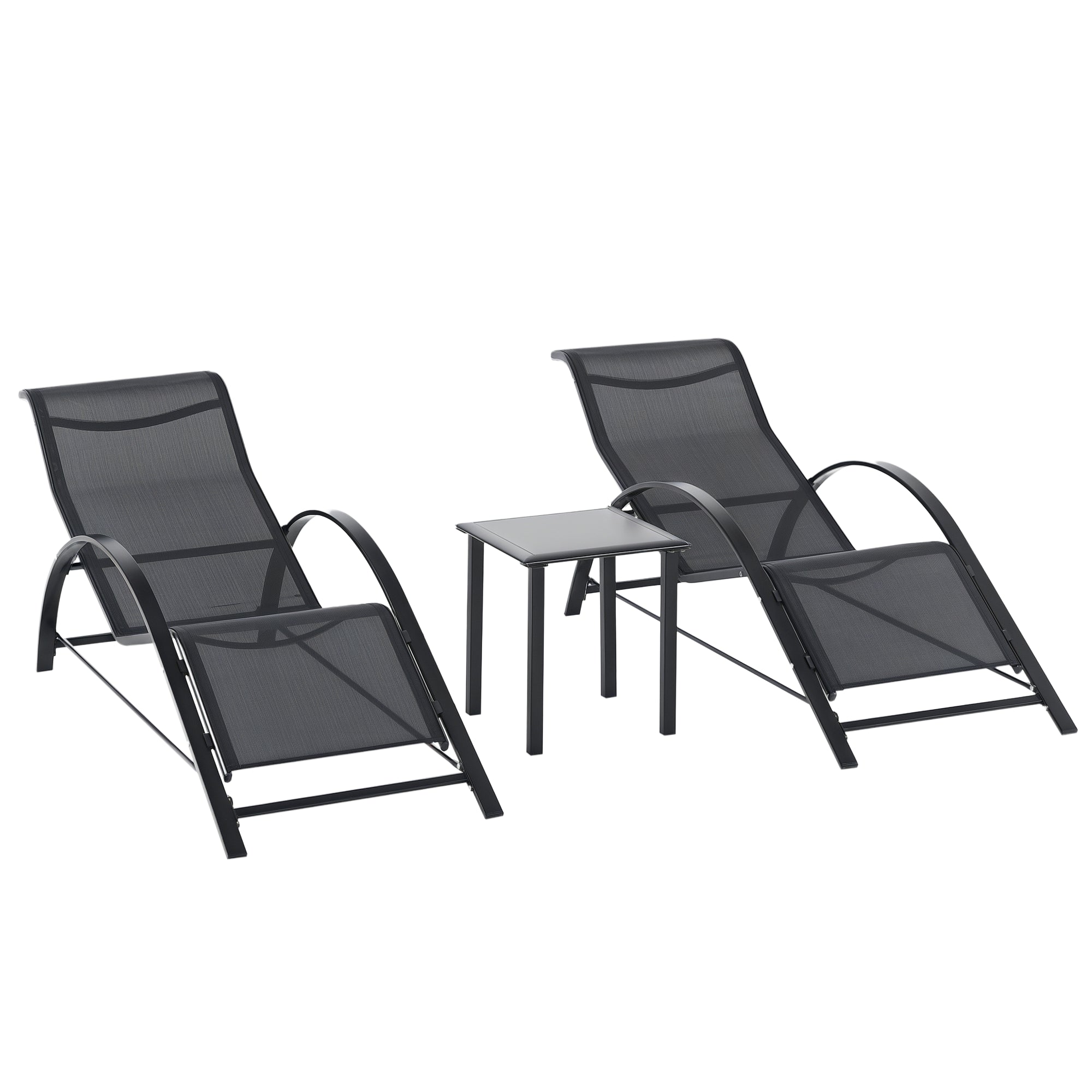 Garden Lounger Set Metal Mesh 3-Piece Sun Lounger with Tea Table Garden Furniture Set with 2 Sun Loungers, 1 Side Table Outdoor Seating Group for Garden, Balcony 59W x 169D x 66H cm Black