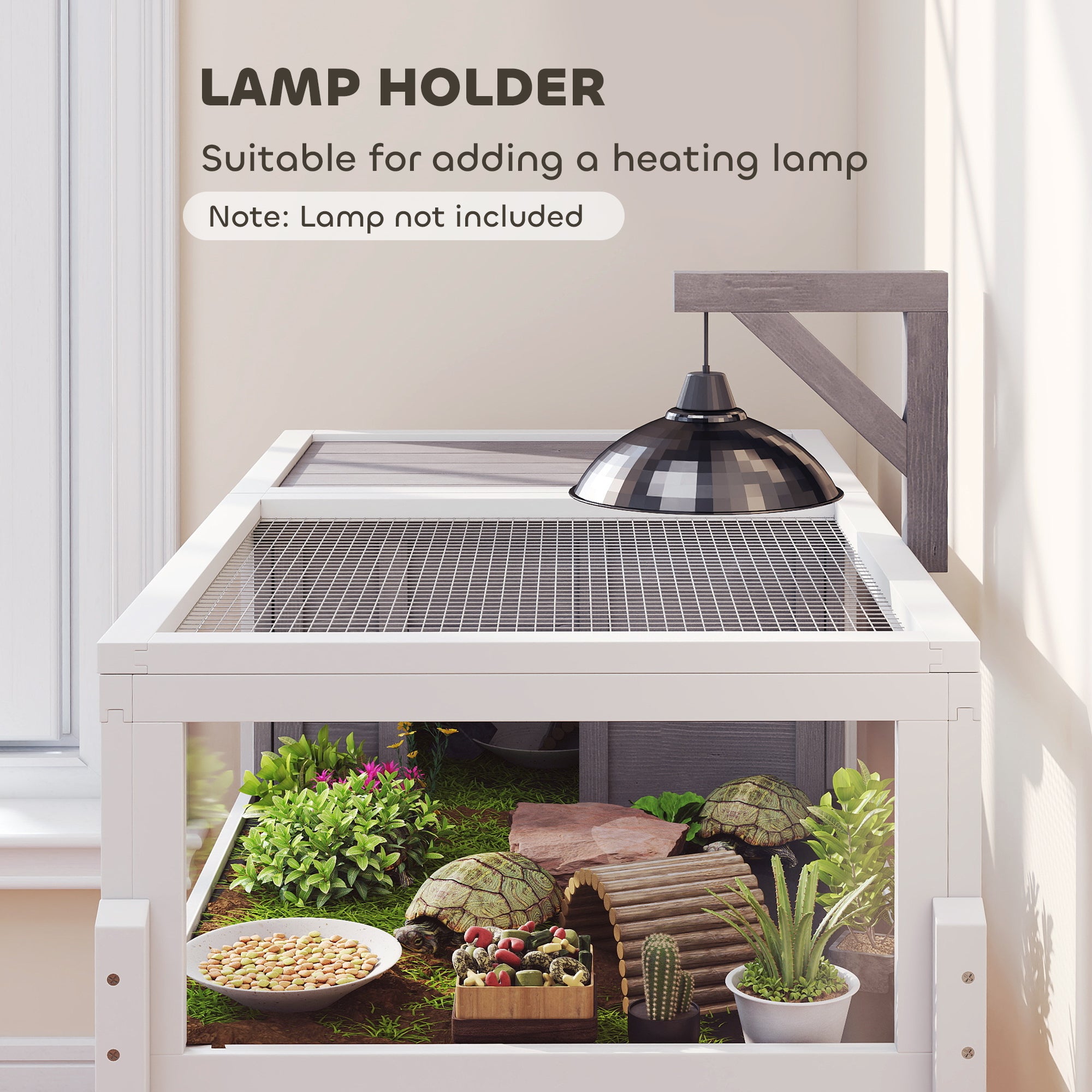 Elevated Wooden Turtle Hutch — Indoor/Outdoor 2-Zone Enclosure with Lamp Holder, Hinged Roof, Sliding Tray & Feeding Bowl — 104 x 53 x 82 cm (41 x 21 x 32 in) — Gray