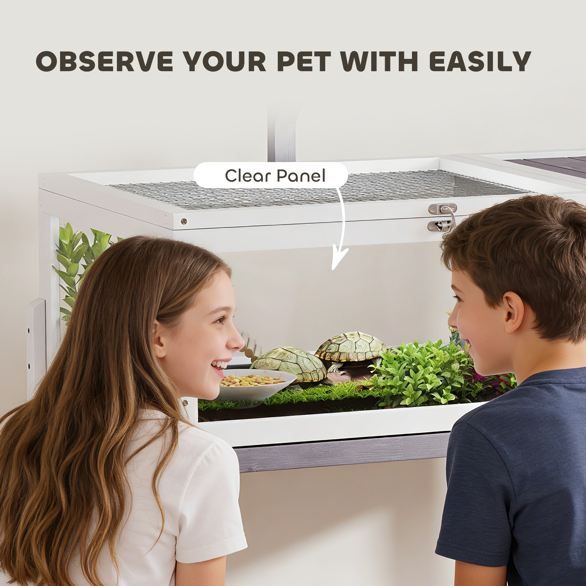 Elevated Wooden Turtle Hutch — Indoor/Outdoor 2-Zone Enclosure with Lamp Holder, Hinged Roof, Sliding Tray & Feeding Bowl — 104 x 53 x 82 cm (41 x 21 x 32 in) — Gray