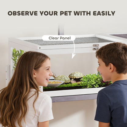 Elevated Wooden Turtle Hutch — Indoor/Outdoor 2-Zone Enclosure with Lamp Holder, Hinged Roof, Sliding Tray & Feeding Bowl — 104 x 53 x 82 cm (41 x 21 x 32 in) — Gray