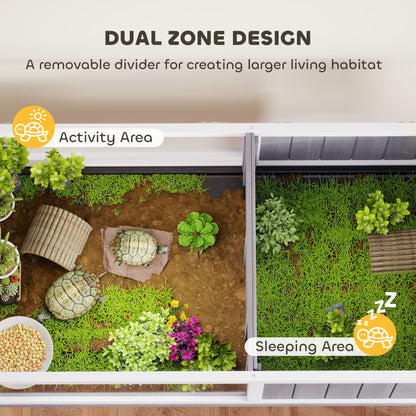 Elevated Wooden Turtle Hutch — Indoor/Outdoor 2-Zone Enclosure with Lamp Holder, Hinged Roof, Sliding Tray & Feeding Bowl — 104 x 53 x 82 cm (41 x 21 x 32 in) — Gray