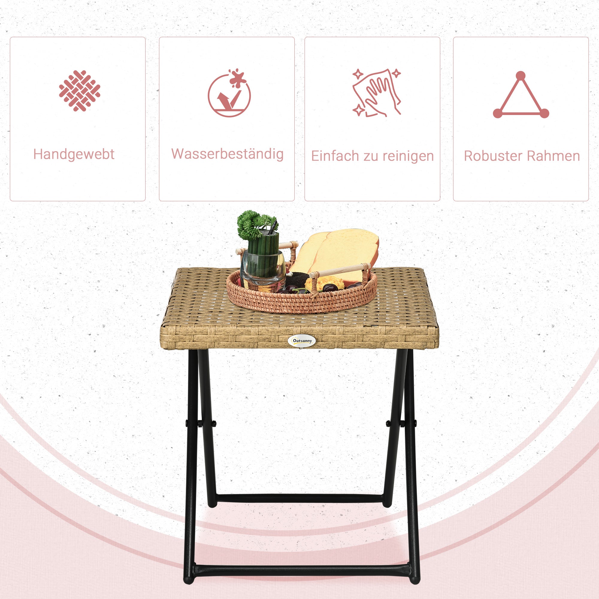 Folding Side Table made of Poly Rattan Coffee Table End Table Tray Balcony Table Patio Table Coffee Table Garden Furniture Rattan Table for Garden Terrace Balcony, 40x40x40cm Natural Wood