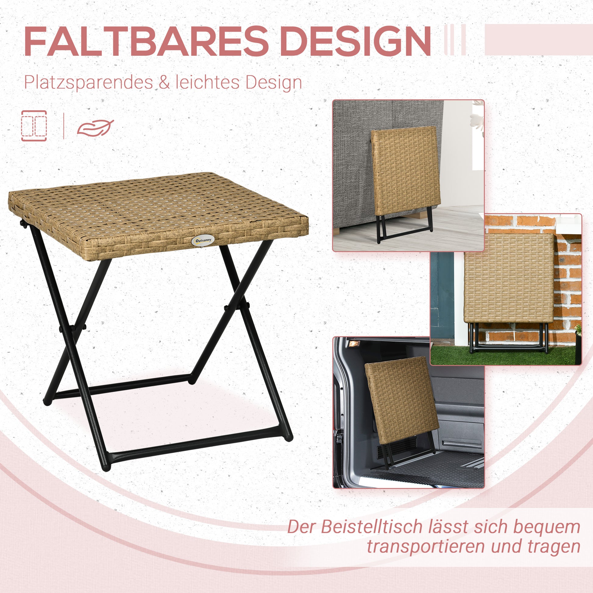 Folding Side Table made of Poly Rattan Coffee Table End Table Tray Balcony Table Patio Table Coffee Table Garden Furniture Rattan Table for Garden Terrace Balcony, 40x40x40cm Natural Wood