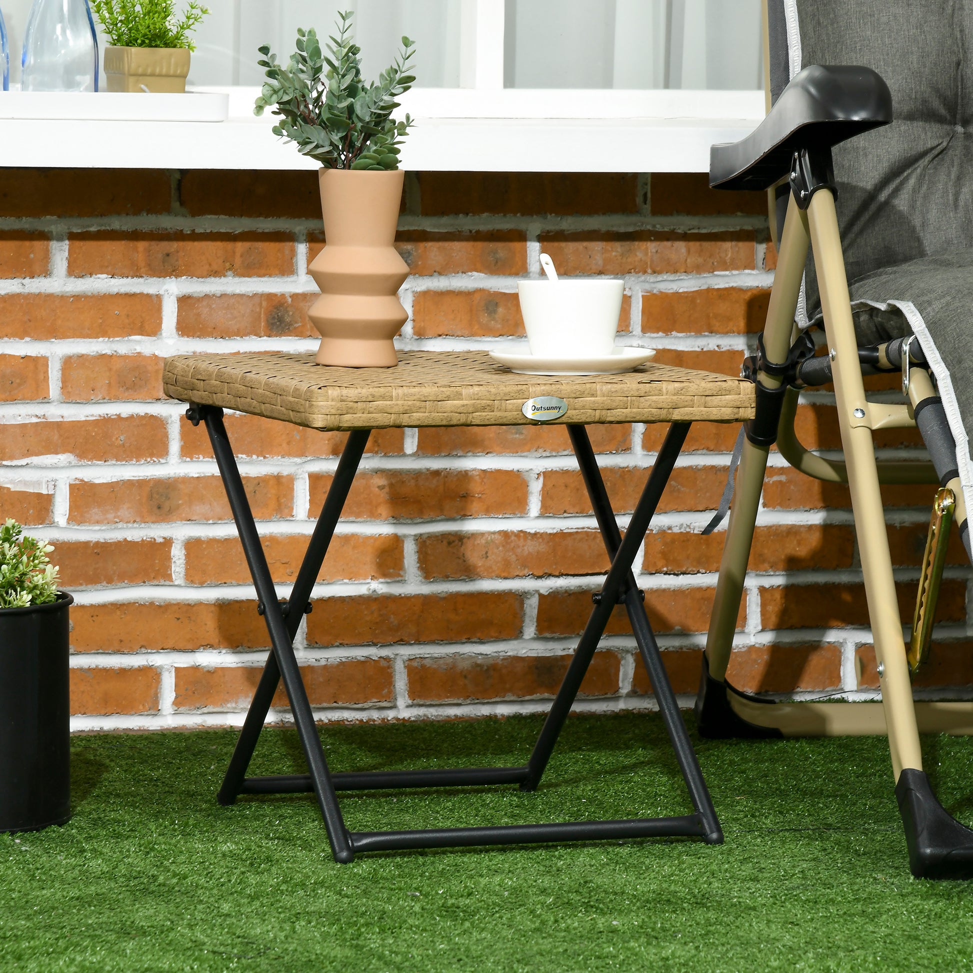 Folding Side Table made of Poly Rattan Coffee Table End Table Tray Balcony Table Patio Table Coffee Table Garden Furniture Rattan Table for Garden Terrace Balcony, 40x40x40cm Natural Wood