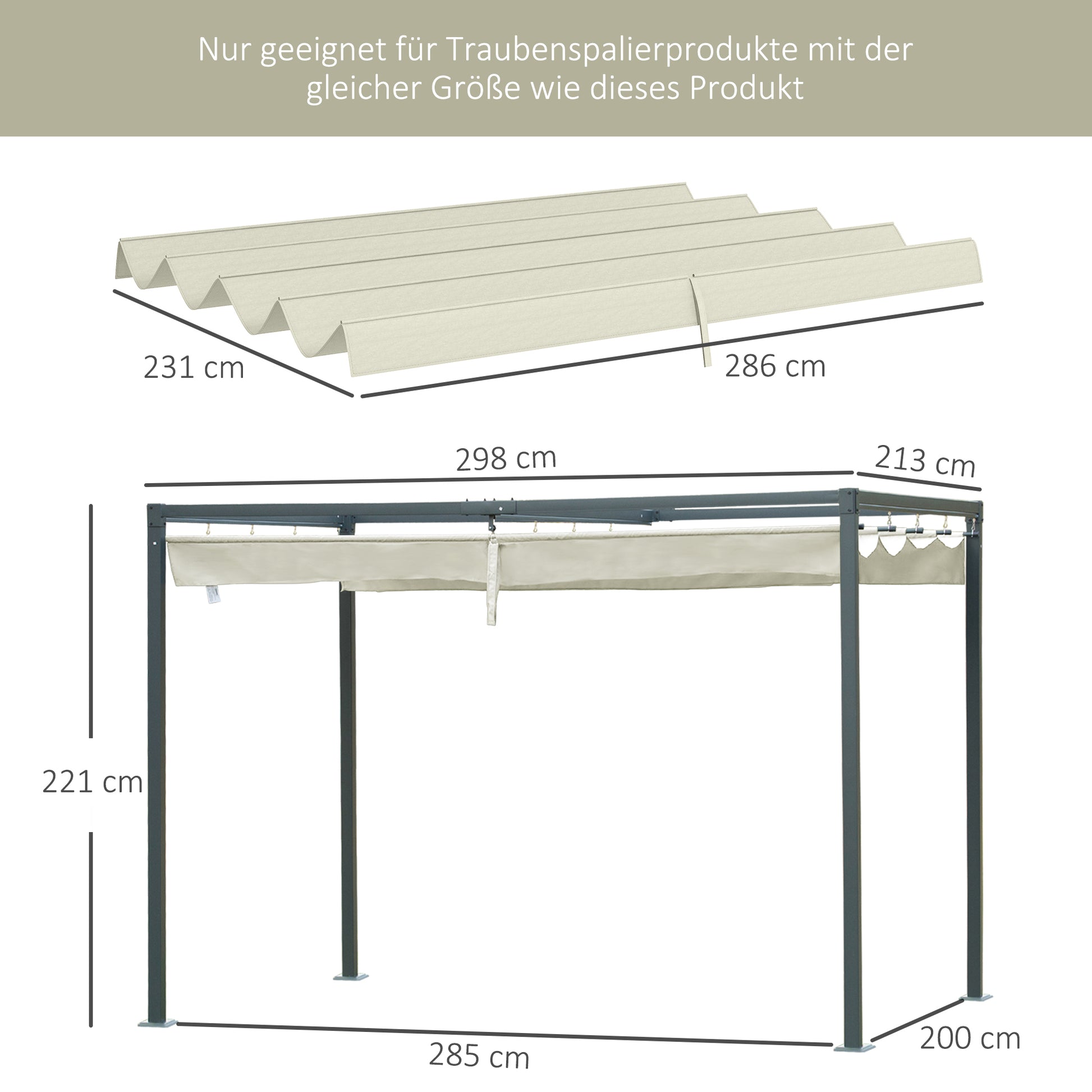 Replacement Canopy for 2.85 x 2 m Pergola, water-repellent retractable Wave Canopy with rain drainage holes, UV protection 30+, winterproof sunshade cover for garden, balcony, terrace, Cream White