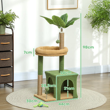 Cat Tree, 98 cm, with hideaway, bed, scratching posts, 2 play balls, and artificial leaves, green